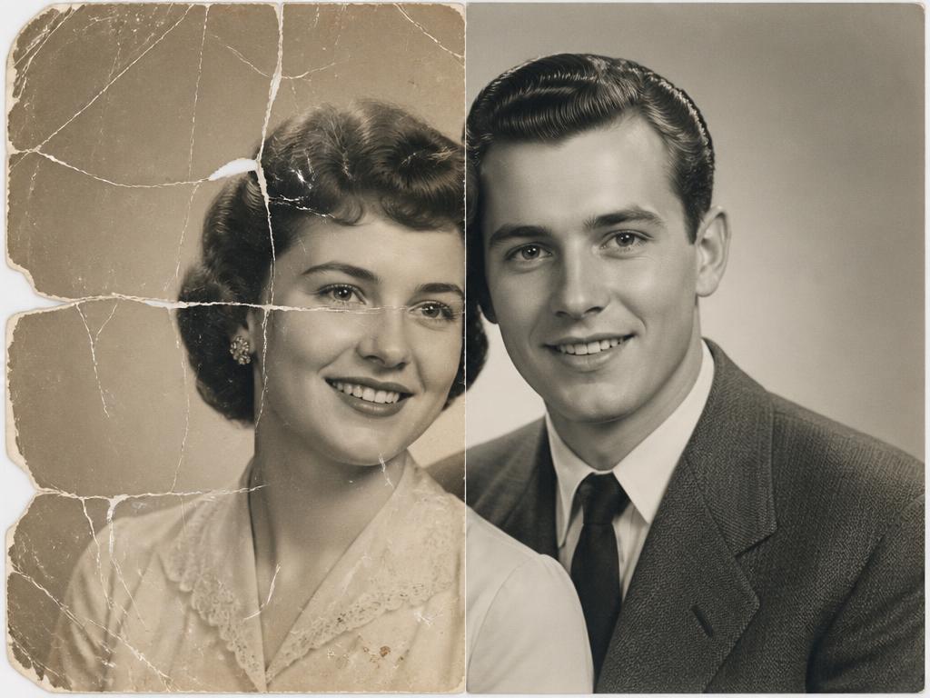 Torn portrait of a young couple, before and after restoration