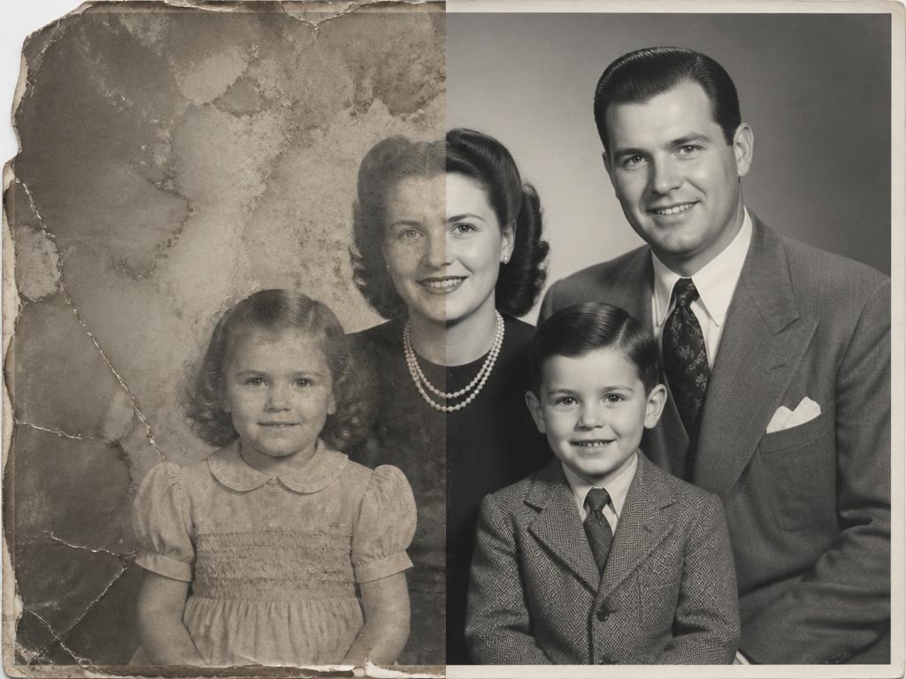 Water-damaged family portrait, before and after restoration