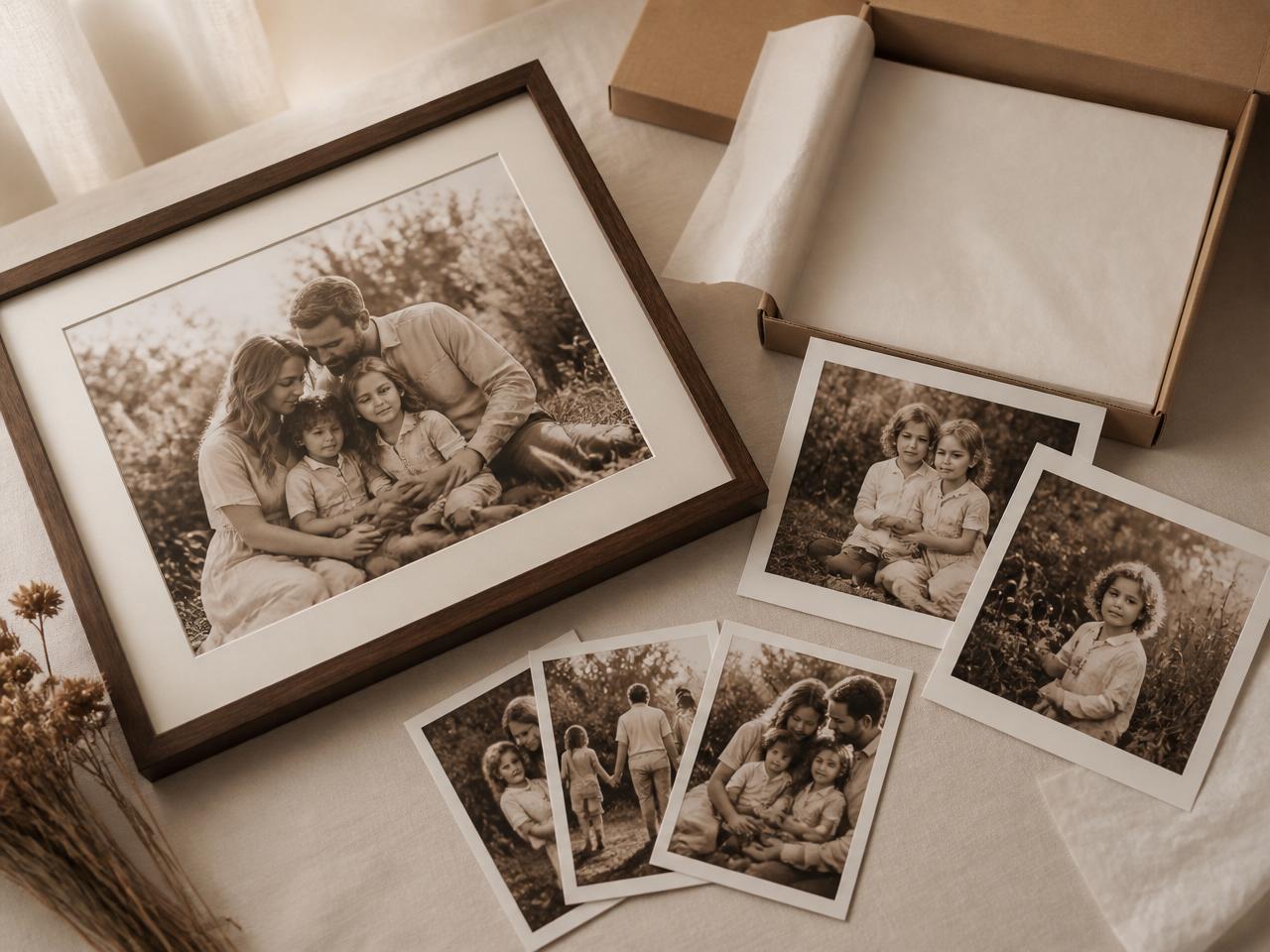 The Heirloom Family Print Pack — a professionally framed 11x14 restored family photo with archival 8x10 and 5x7 copies, wrapped in tissue and presented in a kraft box.