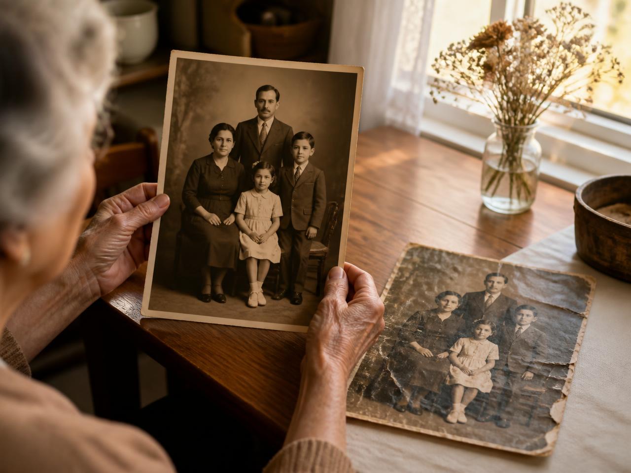 A woman holding a restored family portrait beside the damaged original