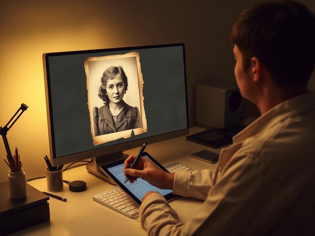 A restoration specialist retouching a damaged vintage portrait on screen