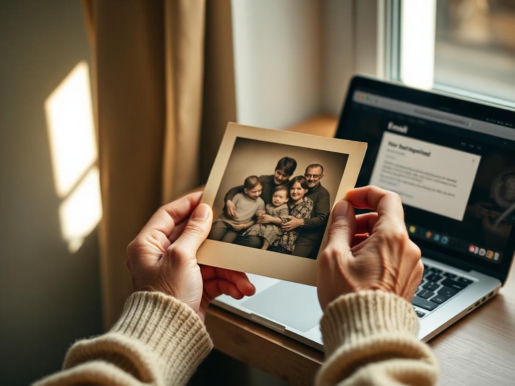 Hands holding a restored family portrait next to a laptop showing the delivery email